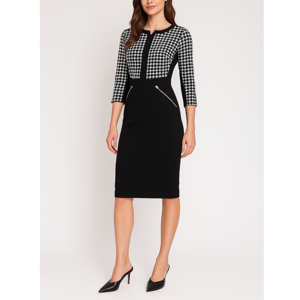 Miusol Houndstooth Bodycon‎ Sheath Dress 3/4 Sleeve Midi Black White Size M
